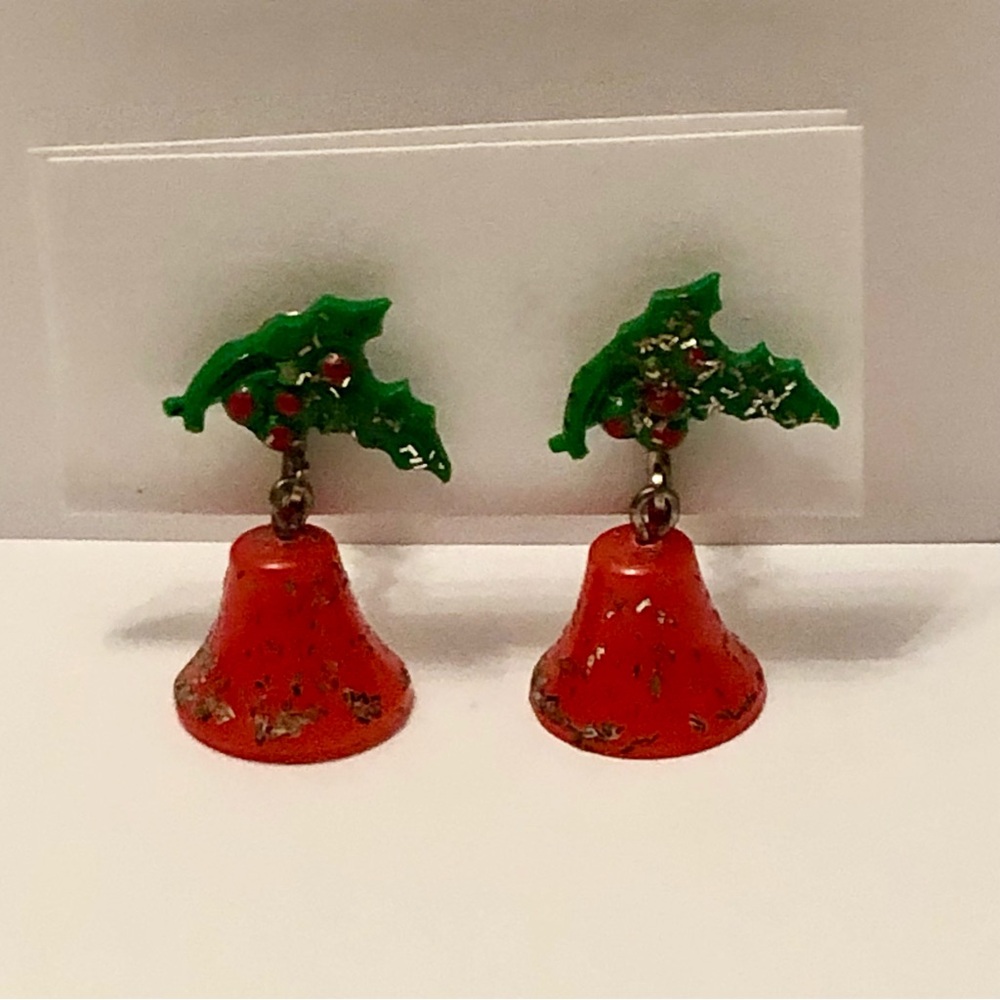 Vintage Celluloid  Dangling Red Bells Holly screw back Earrings Christmas 40's